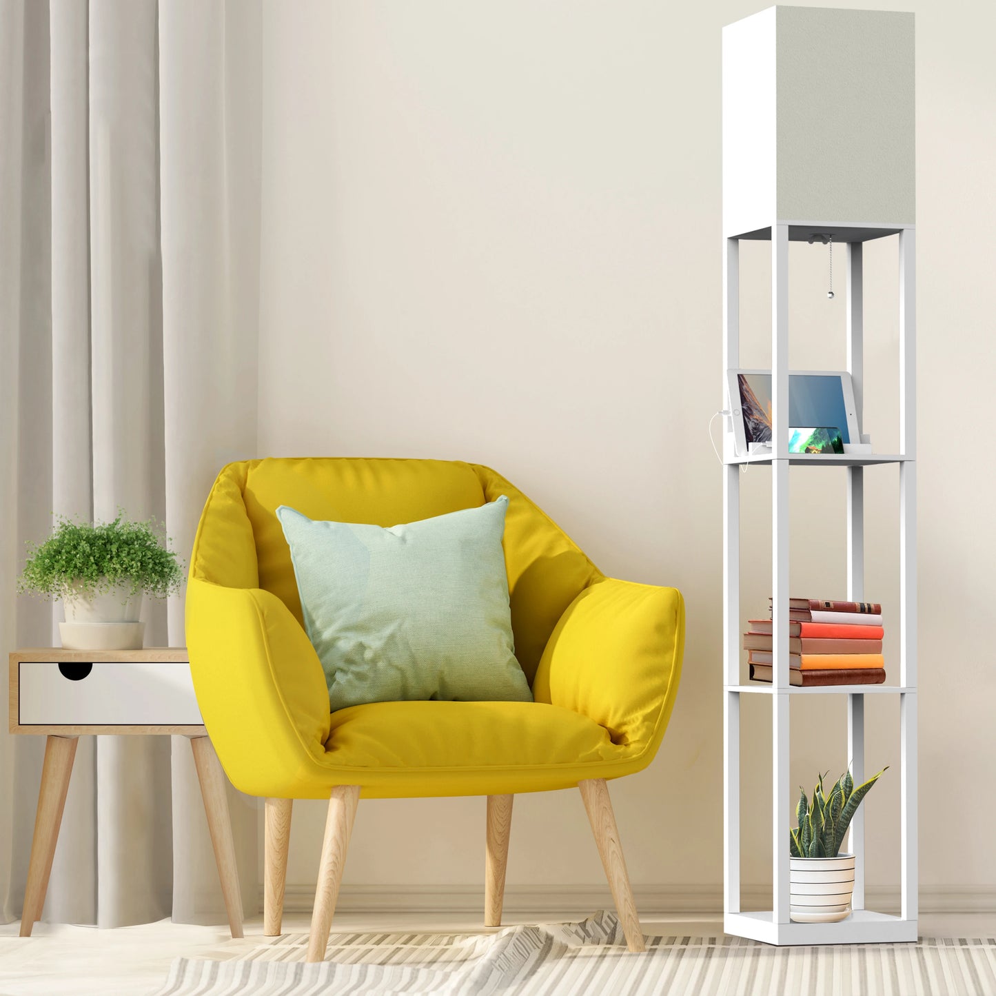 With Shelves, Solid Wood, Usb Ports And Bulb Included