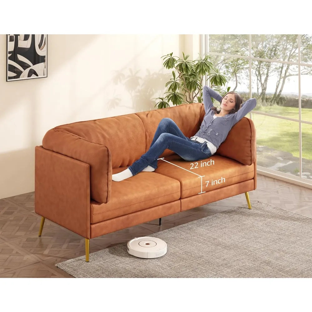 "73" Mid-Century Loveseat - Orange Fabric with Solid Wood Frame, Tool-Free Assembly for Office/Apartment"