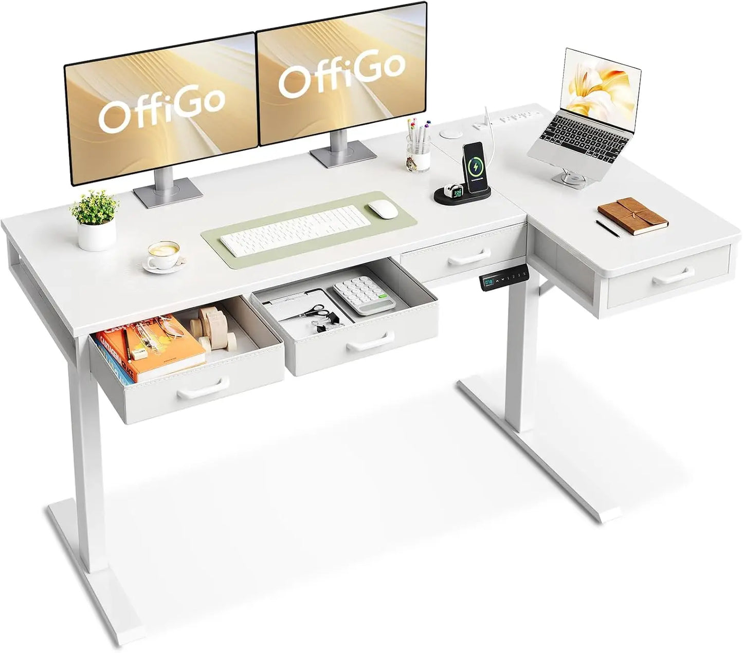 63 Inch L Shaped Electric Standing Desk with Drawers, Height Adjustable Large Desk with Power Outlets, Sit Stand Table