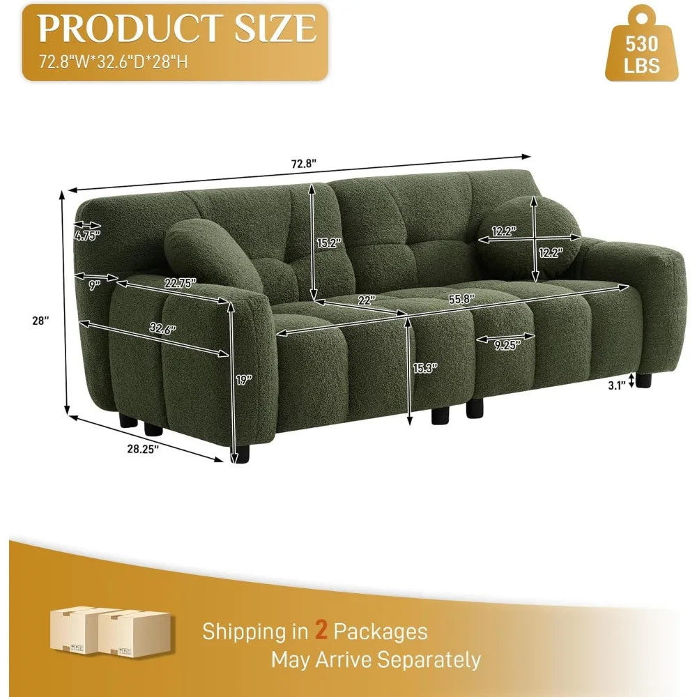 Boucle Cloud Sofa Couch, Comfy Deep Seat Sherpa Couch, 72.8" Cozy Teddy 2 Seat Marshmallow Couches with 2 Pillows,