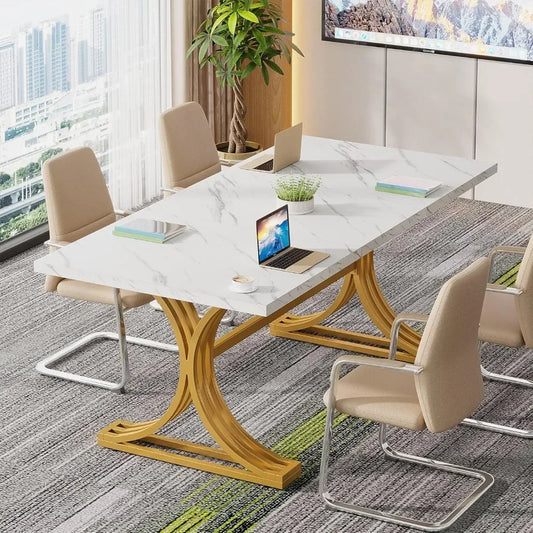 5FT Conference Table for 4 to 6, 63" W x 31.5" D Modern Meeting Table with Faux Marble Tabletop, White and Gold Business