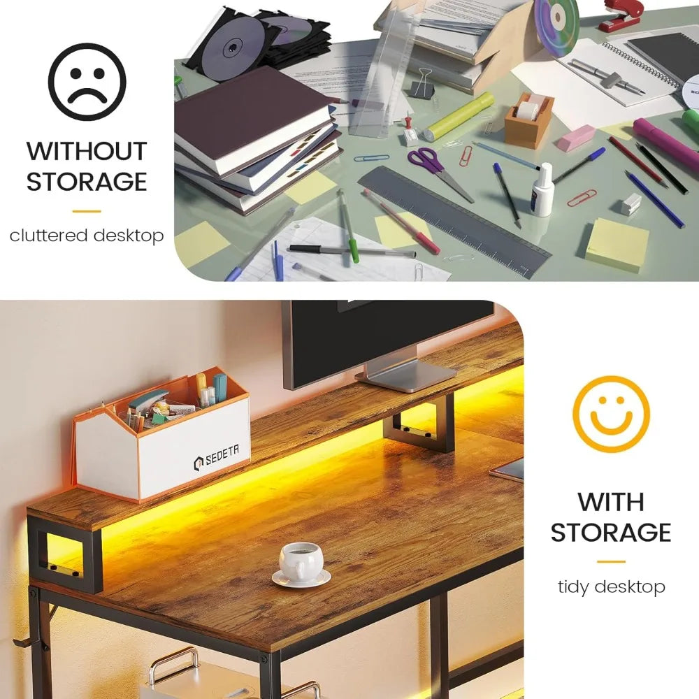 L Shaped Office Desk, 66" Corner L Shaped Computer Desk with File Drawer & Power Outlet for Home Office, Gaming Table with Led