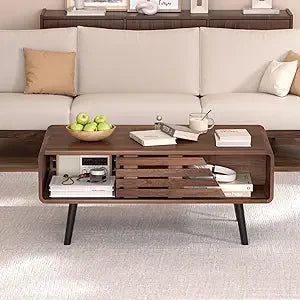 Mid Century Modern Coffee Table - Coffee Table for Living Room, 39.4 Fluted Design with Sliding Door Storage & Open Shelves