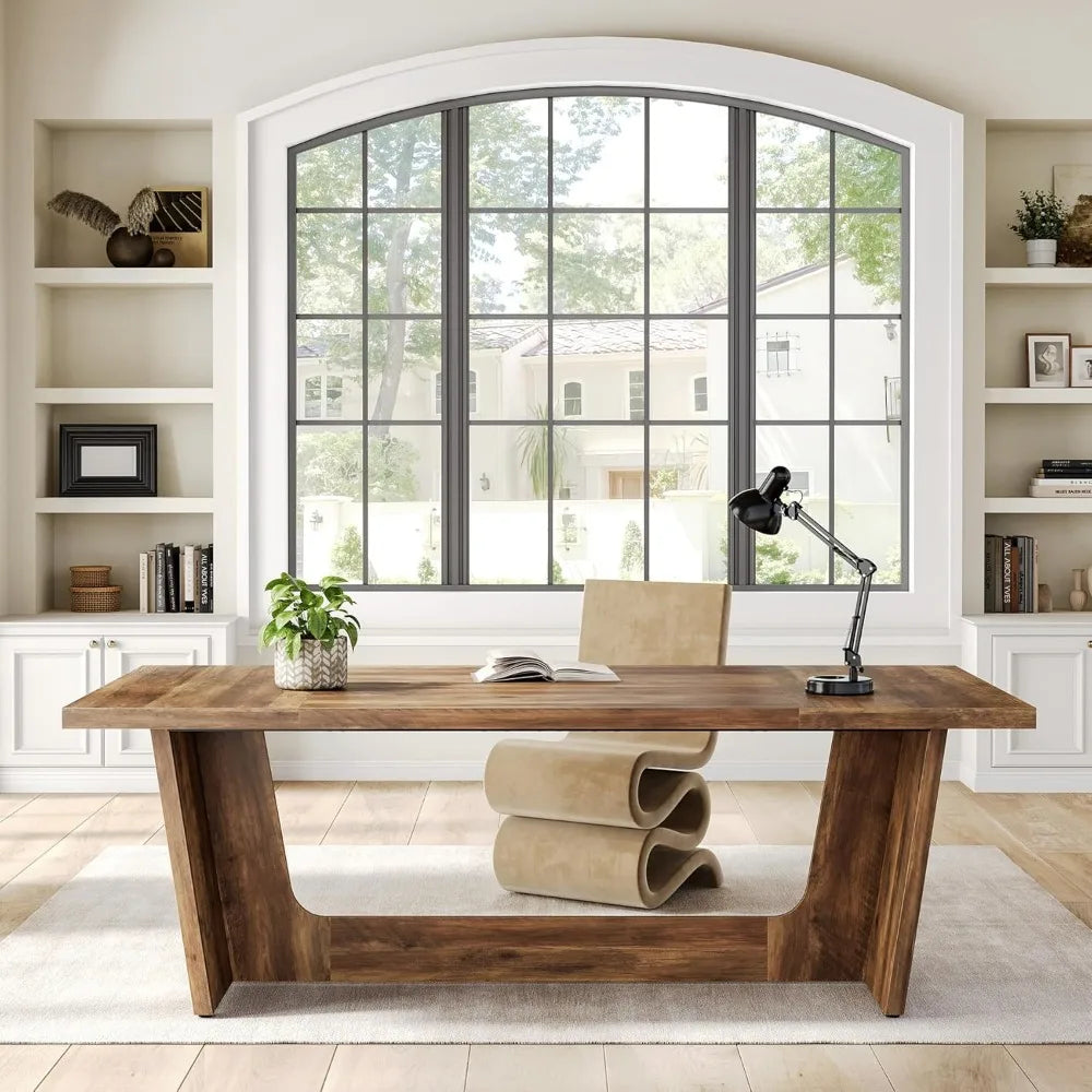 70.87 Inches Long Executive Desk, Brown Wooden Computer Desk, Industrial Simple Study Writing Table