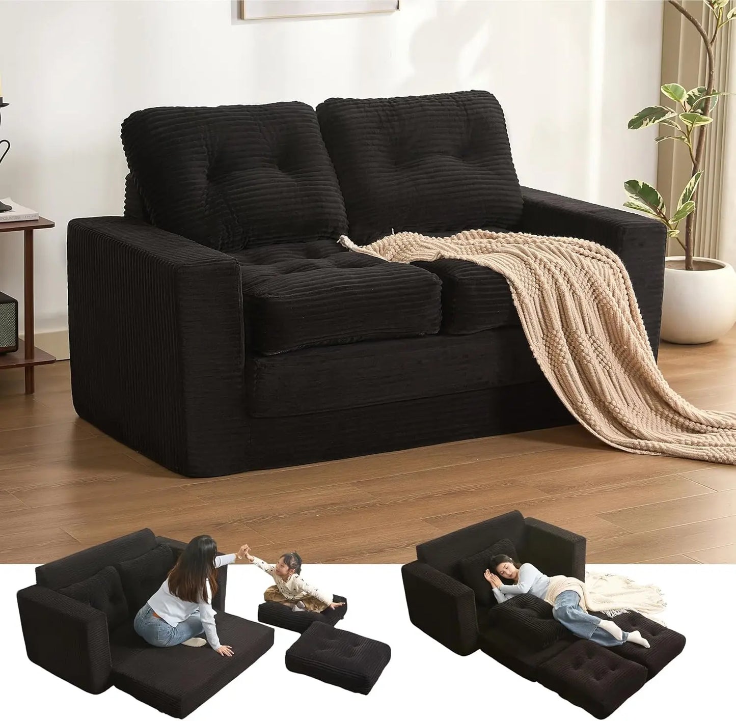 61" Corduroy 3-in-1 Convertible Sofa Bed - Pull Out Sleeper with Futon & Pillows