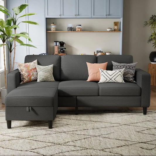 Sectional Sofa Couches, Dark Grey 3 Seat L-Shaped Couch with Storage Ottoman, Comfy Linen Convertible Sectionals