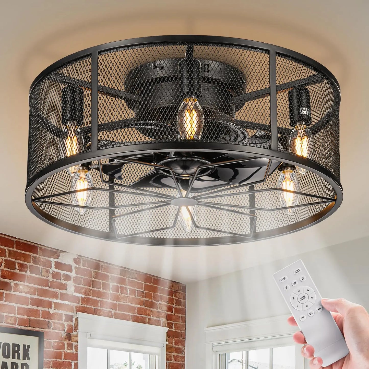 18" Caged Low Profile Ceiling Fan with Light and Remote, Black Flush Mount Fandelier Rustic Farmhouse Lighting & Ceiling Fans