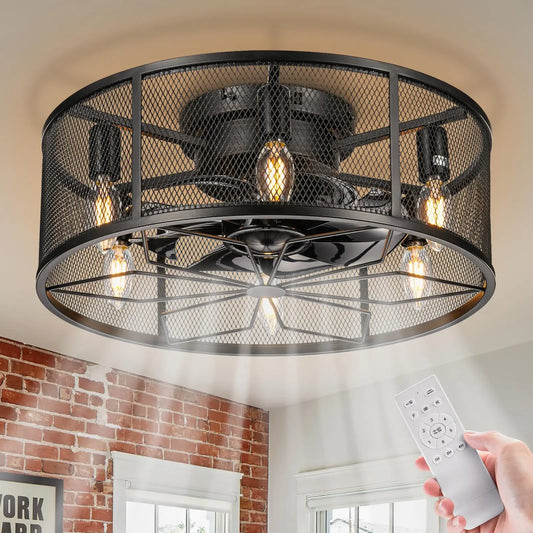 18" Caged Low Profile Ceiling Fan with Light and Remote, Black Flush Mount Fandelier Rustic Farmhouse Lighting & Ceiling Fans
