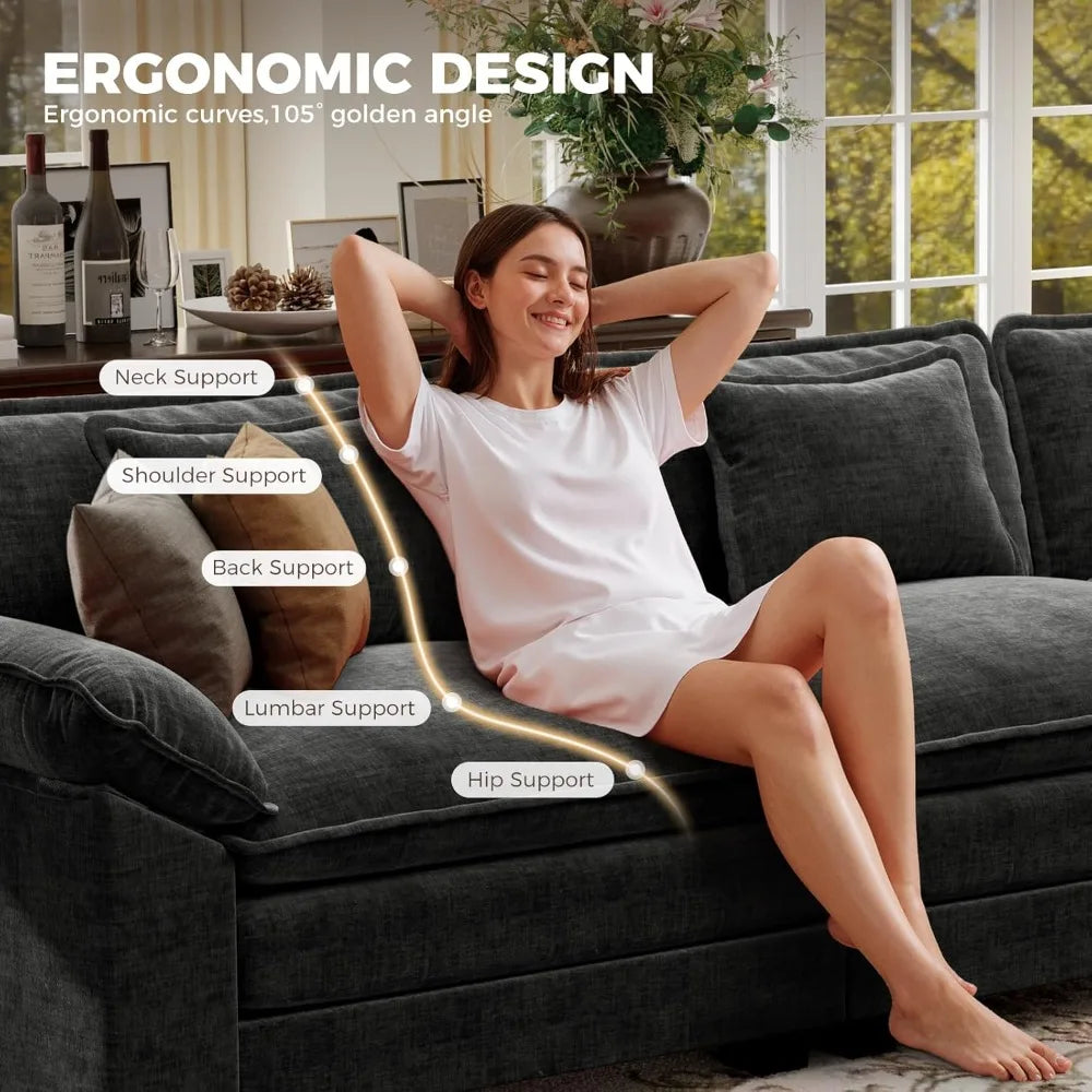 "86 Inch Modular L-Shaped Couch with Removable Ottoman, Plush 3-Seat Chenille Sofa for Modern Living Spaces"
