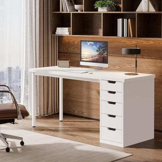 Modern Simple Computer Desk, 47 Inches PC Desk with 5 Reversible Drawers, Rustic Brown Study Writing Table Workstation for Home