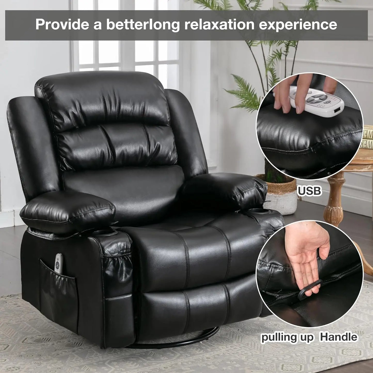 Oversized Massage Swivel Recliner Chair with Lumbar Heating, Rocker Recliner Single Sofa with Cup Holders
