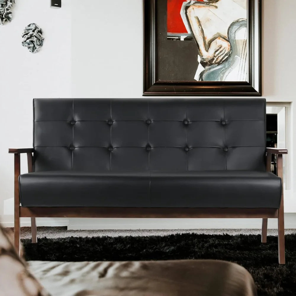 "Black Faux Leather Sofa Set - Loveseat & 2 Accent Chairs, Mid-Century Modern for Office/Waiting Room"