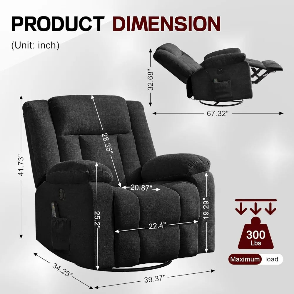 Rocker Recliner, Glider Recliner Chairs for Adults, 360° Swivel Rocking Chair with Massage and Heating, Nursery Chair with Stora
