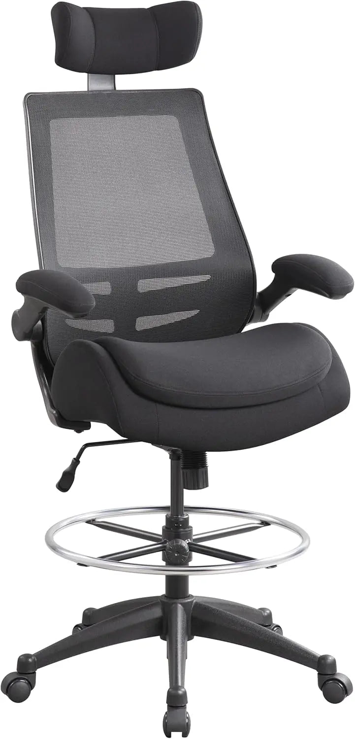400lbs High Back Computer Office Drafting Chair Flip up Armrests Lumbar Support Adjustable Big Footrest Ring(Black)