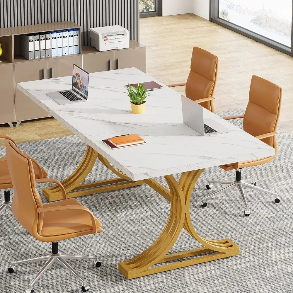 5FT Conference Table for 4 to 6, 63" W x 31.5" D Modern Meeting Table with Faux Marble Tabletop, White and Gold Business