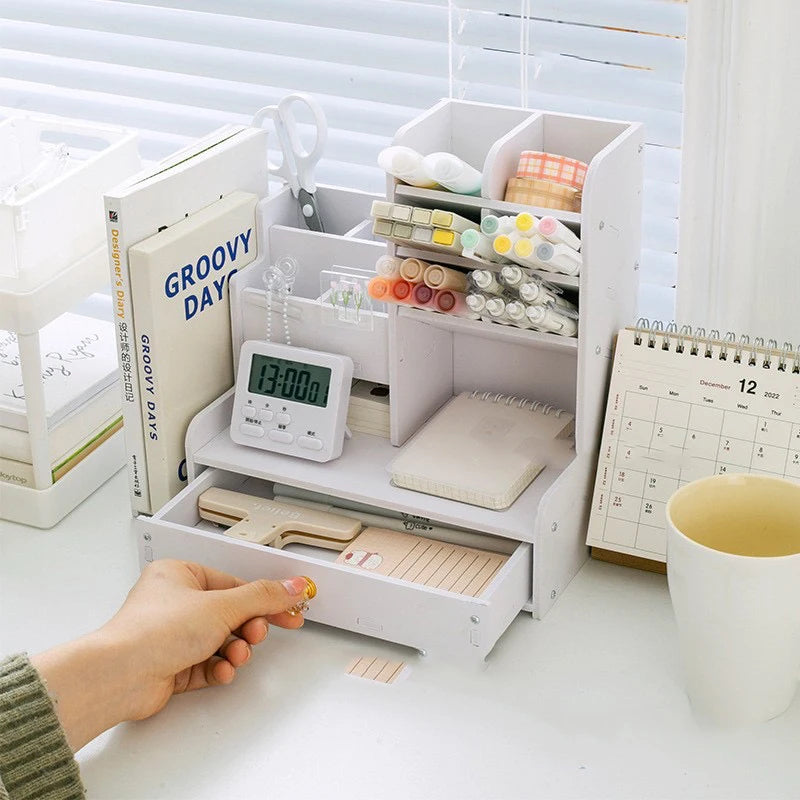 Desk Organizer, DIY Desk Organizer with Drawer - Multi-Functional Pen Holder, Easy Assembly Office Art Supplies Storage