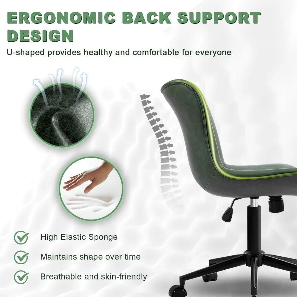 Office Chair, Armless Desk Chair with Wheels, Ergonomic Comfy Home Office Computer Task Chairs,Faux Leather Padded Cute Vanity C