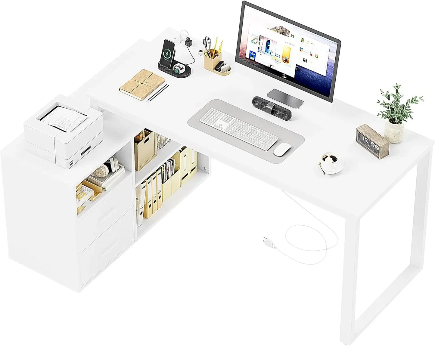 L Shaped Desk with Drawers&Shelves, 55'' Corner Computer Desk with Power Outlets, Reversible PC Table with Storage File Cabinet