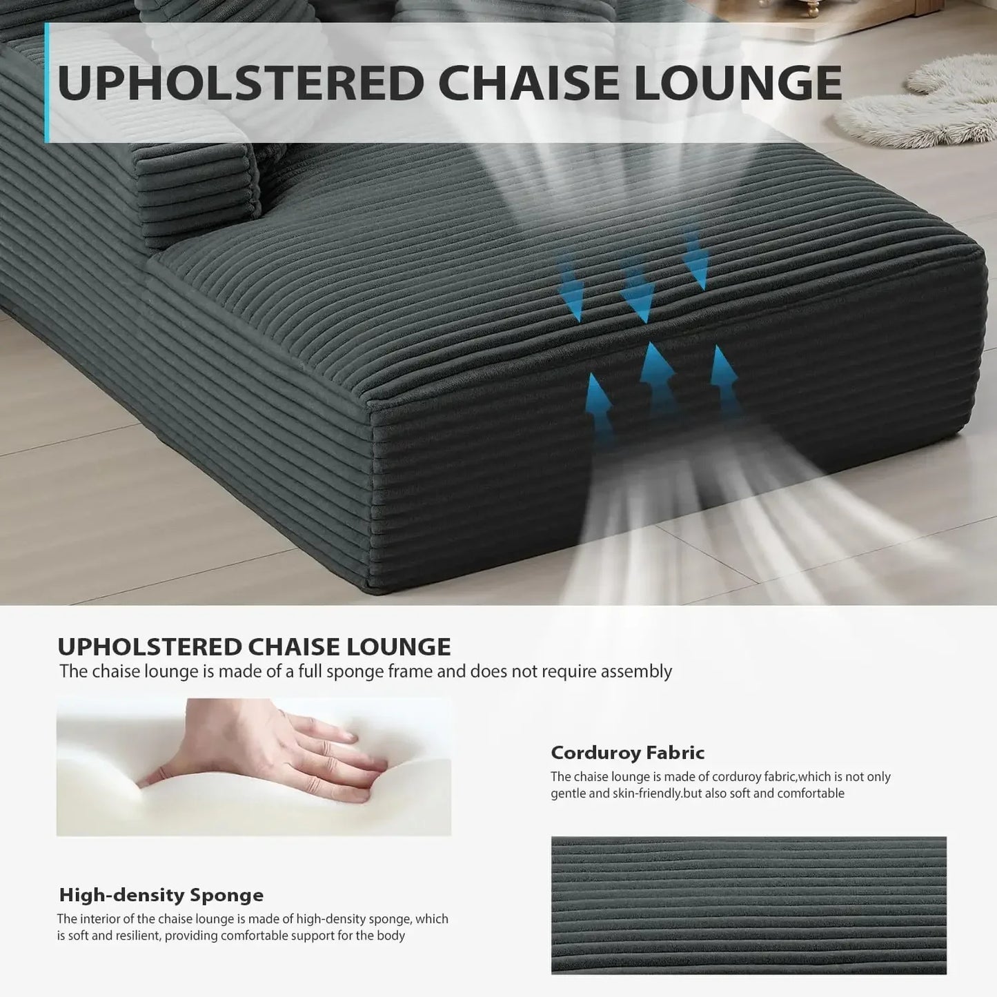 50 Inch Chaise Lounge Chair Indoor, Oversized Corduroy Upholstered Boneless Sofa Bed, Deep Seat Sleeper