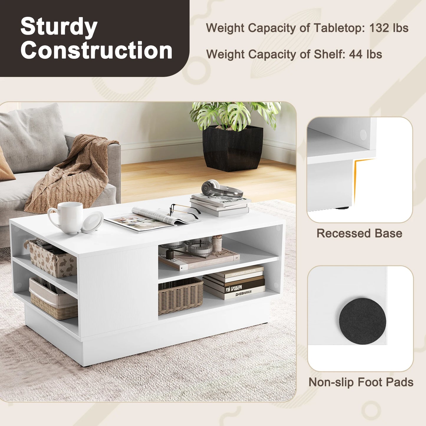 34" Long Rectangle Center Table Coffee Table w/ 2-Tier Open Storage Shelves
