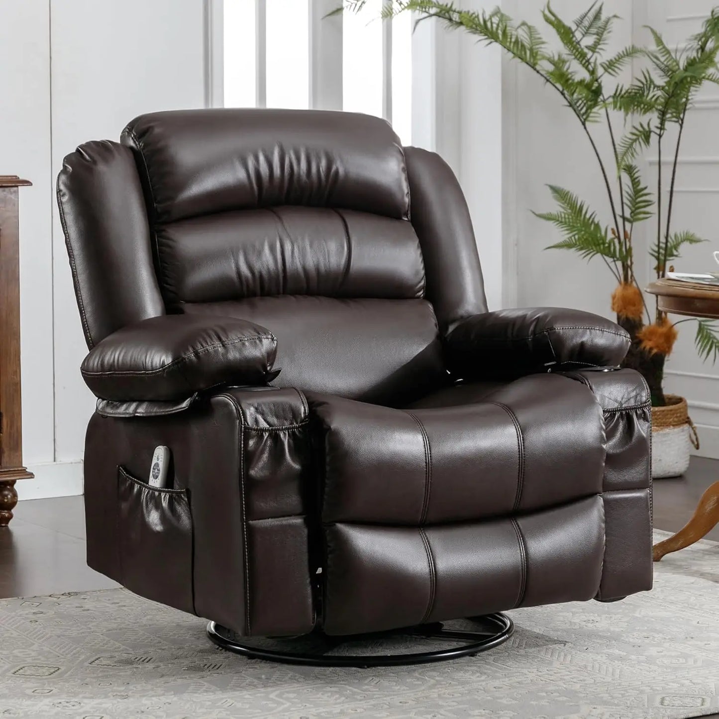 Oversized Massage Swivel Recliner Chair with Lumbar Heating, Rocker Recliner Single Sofa with Cup Holders