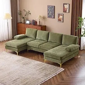 110" Sectional Couches, U Shaped Couch with Double Chaise, 4-Seat Sofa Set with Chenille Fabric