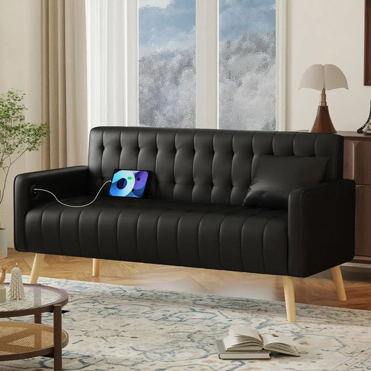 W Loveseat Sofa, Small Black Faux Leather Couch w/USB Charging Ports, Mid Century Modern Tufted Love Seat Couches, Mini Office S