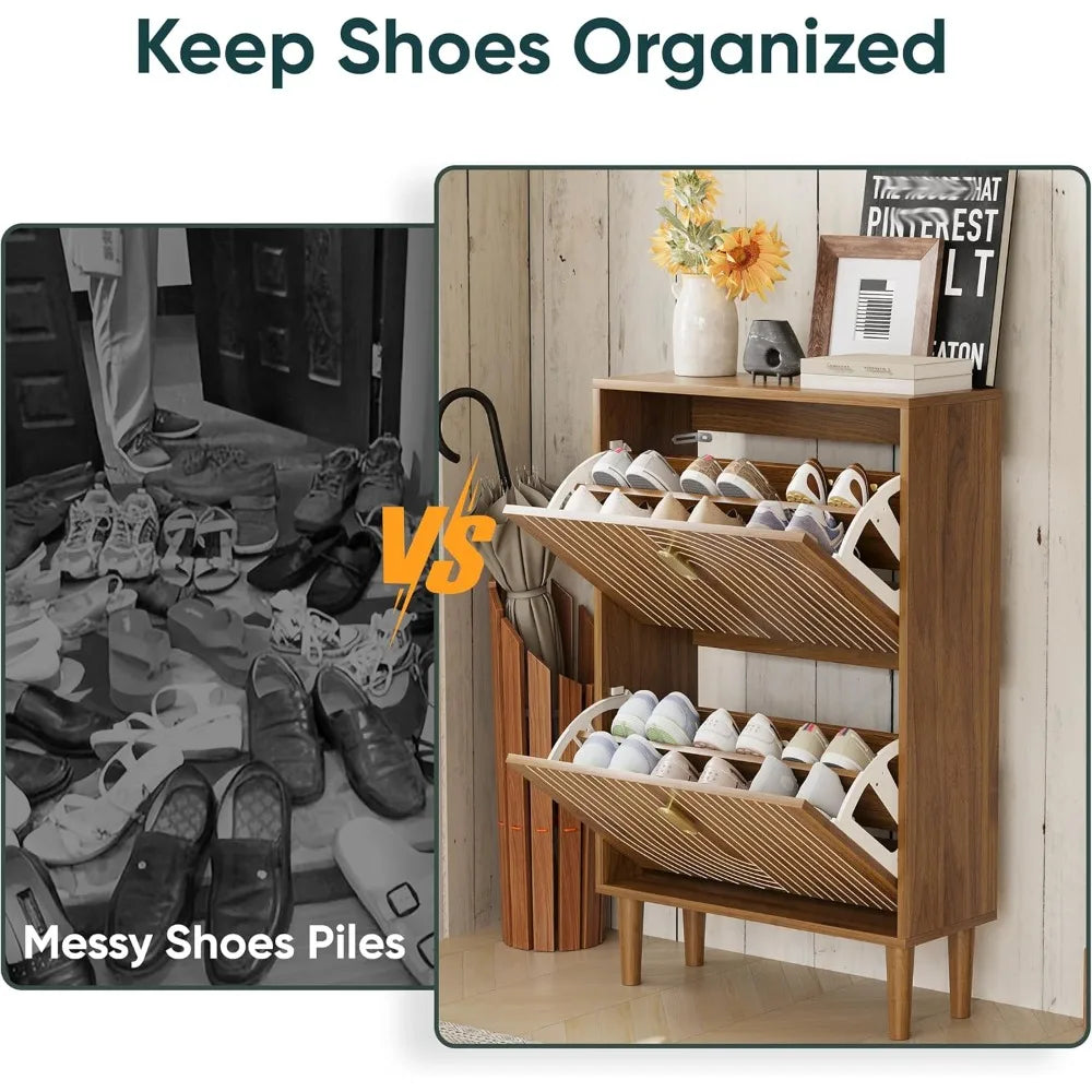 Freestanding Shoe Storage Cabinet with Dual Drawers, 23.6 Wide Metal Handle Shoe Organizer for Entryway and Narrow Spaces