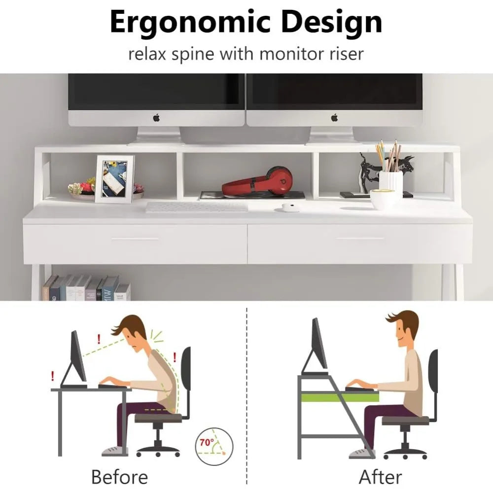 Computer Desk with Storage Shelf & Drawers, Modern 47 inch Office Writing Desk Study Table with Monitor Stand Riser for Home Of