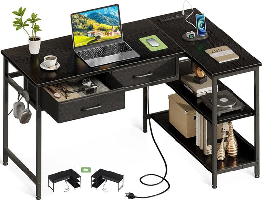 40 Inch L Shaped Computer Desk with 2 Drawers, Small Desk for Small Space, Home Office Table for Laptop Users, Black