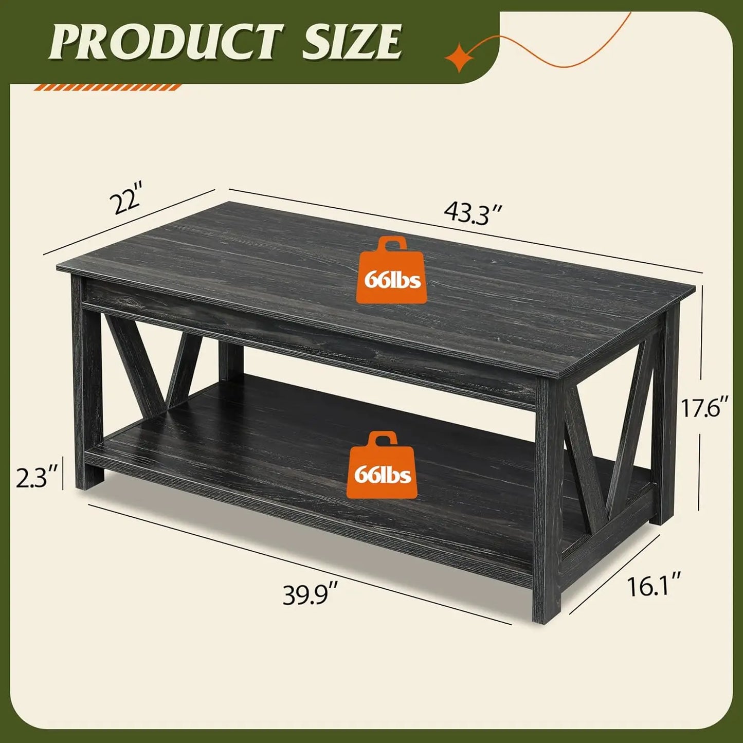 Coffee Table Farmhouse Coffee Table with Storage Shelf Sturdy V Shaped Support Center Table for Living Room/ Office