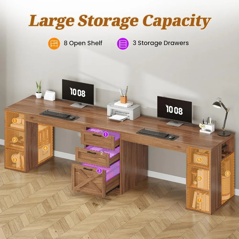 Farmhouse 96.5" Computer Desk with Drawers, 2 Person Home Office Desk, Gaming Double Desk with Storage Shelves, Long Two