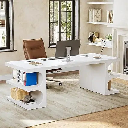 62.2-Inch Executive Desk, Modern Home Office Desks, Office Table with Storage Shelves for Workspace, Large Computer Desk, Long