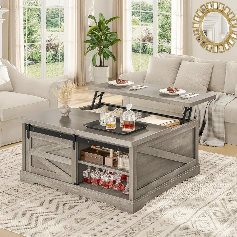 Farmhouse-Style Lift Top Coffee Table with Storage, 39.4 Square, for Living Room