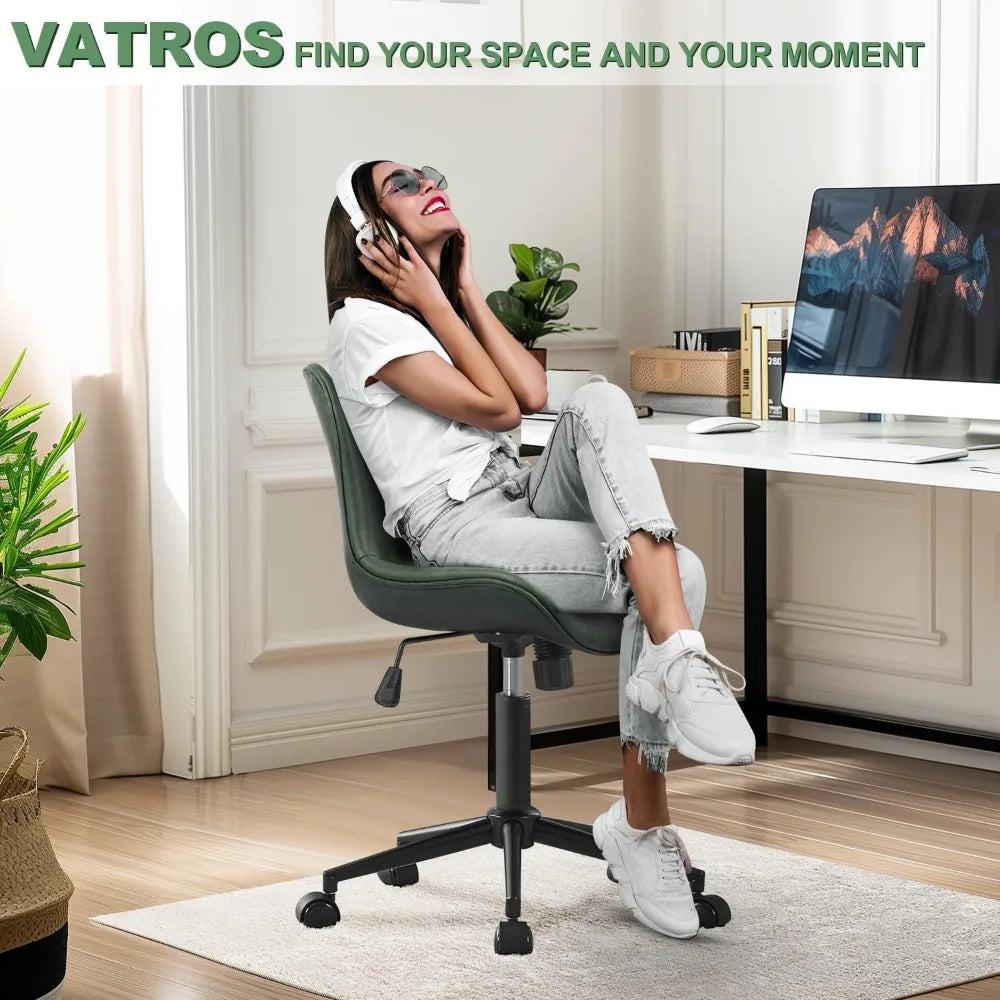 Office Chair, Armless Desk Chair with Wheels, Ergonomic Comfy Home Office Computer Task Chairs,Faux Leather Padded Cute Vanity C