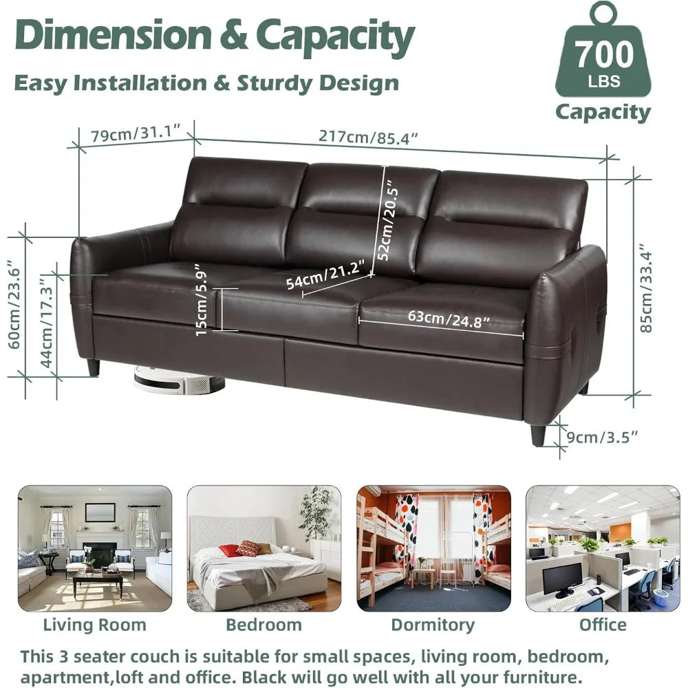 85 "artificial leather office sofa with USB, modern 3-seater, stain resistant and 3-clustered plush cushions, office sofa