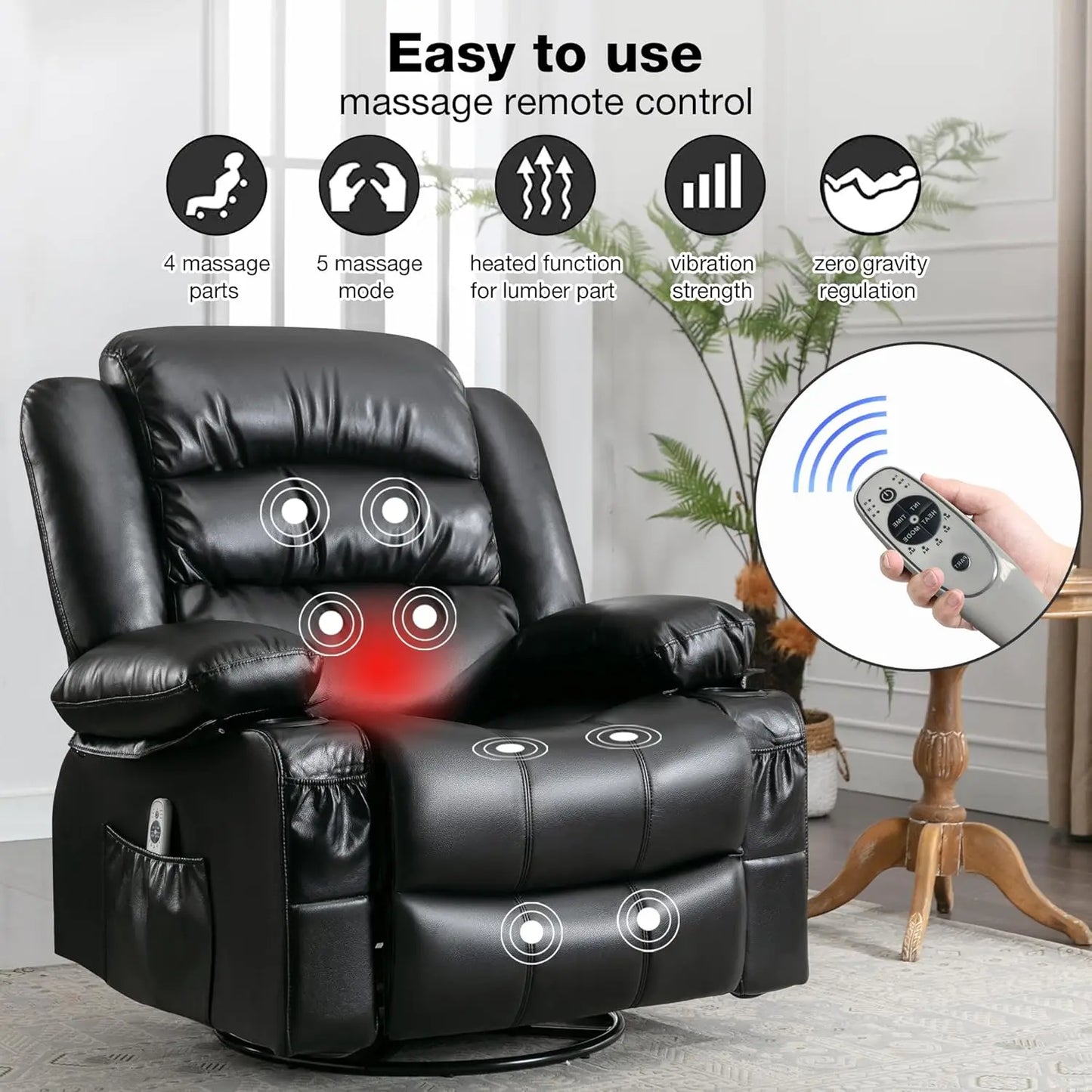 Oversized Massage Swivel Recliner Chair with Lumbar Heating, Rocker Recliner Single Sofa with Cup Holders