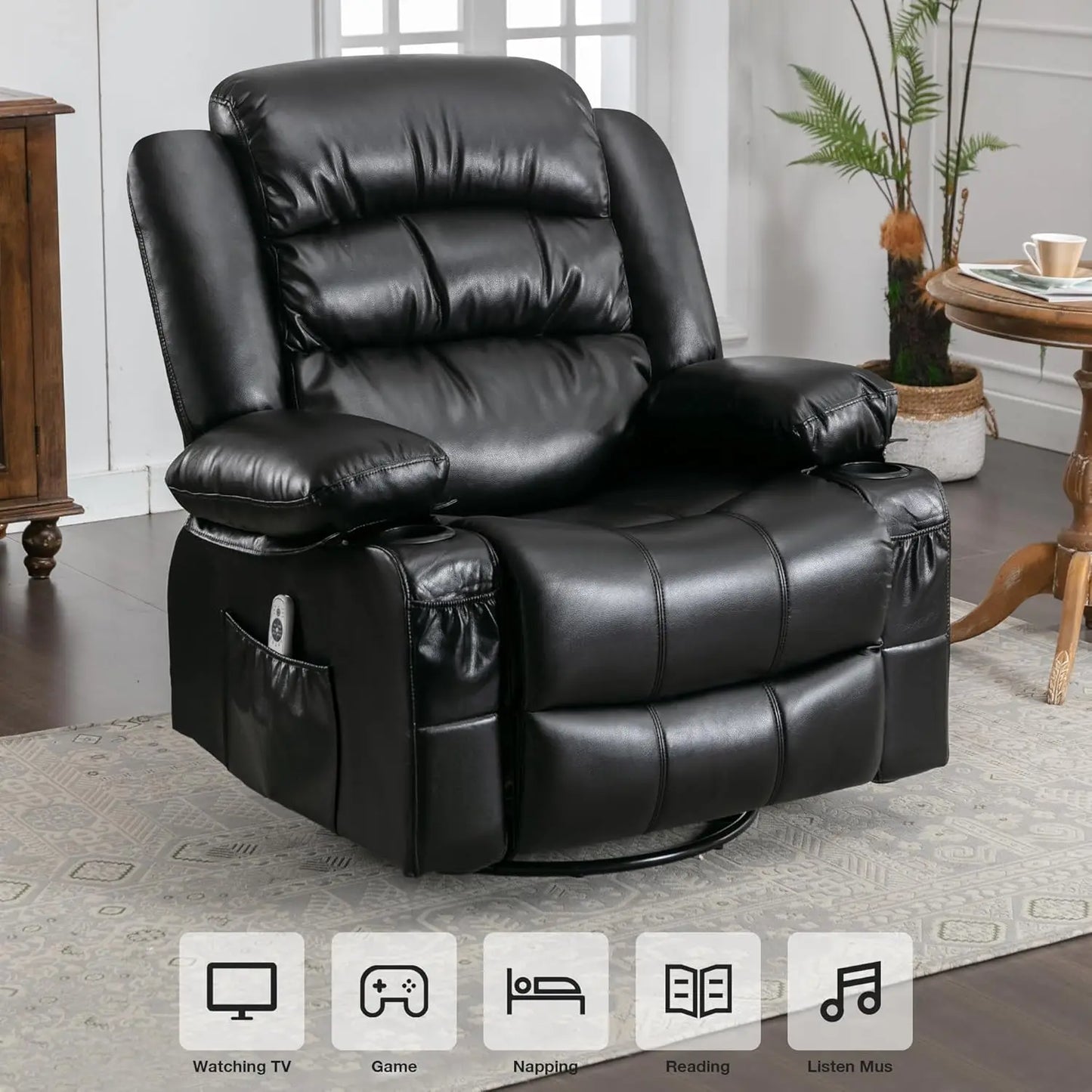 Oversized Massage Swivel Recliner Chair with Lumbar Heating, Rocker Recliner Single Sofa with Cup Holders