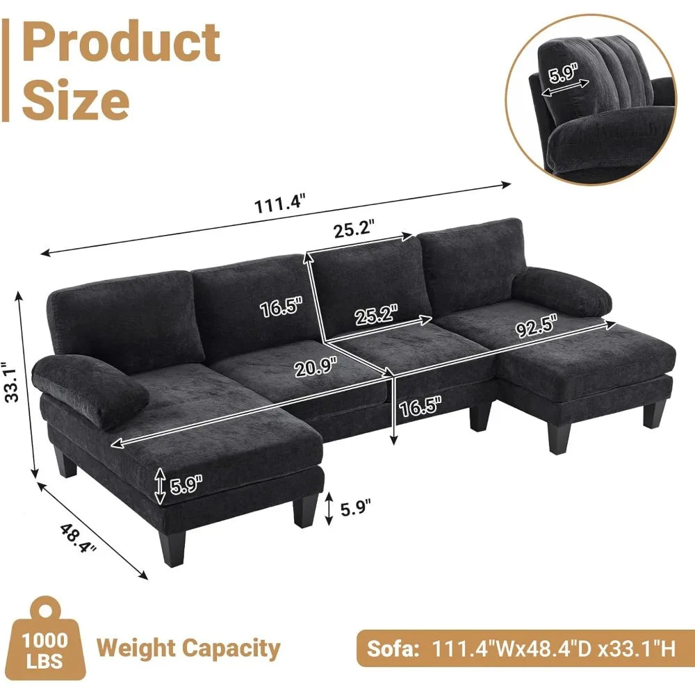 110" Sectional Couches, U Shaped Couch with Double Chaise, 4-Seat Sofa Set with Chenille Fabric