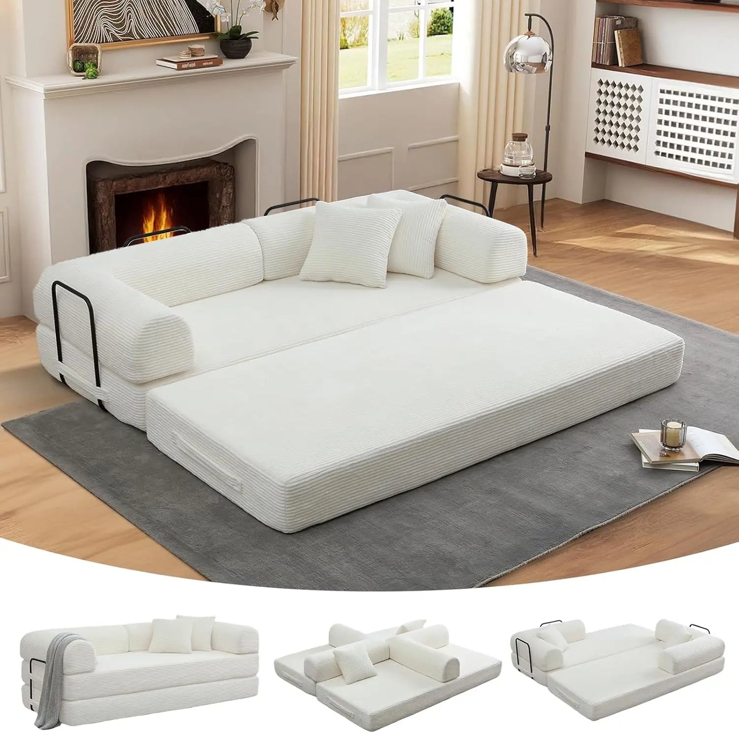 Convertible Folding Sofa Bed - Modular Floor Couch with Removable Backrest, Corduroy & Fixed-Frame