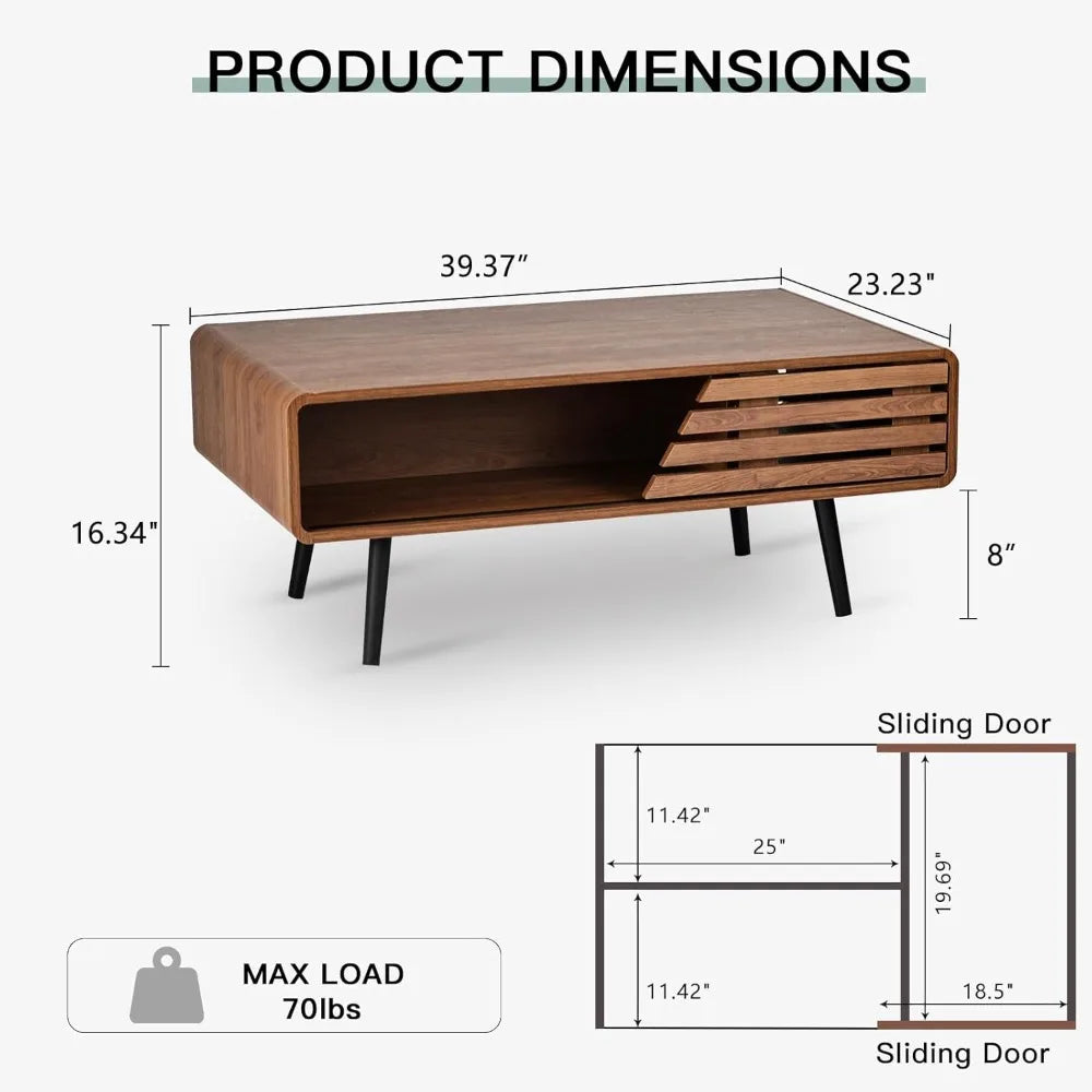 Mid Century Modern Coffee Table - Coffee Table for Living Room, 39.4 Fluted Design with Sliding Door Storage & Open Shelves