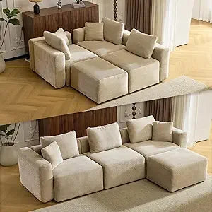 112.2“ Convertible Corduroy Cloud Sectional Couches with Movable Ottoman, L-Shaped Upholstered Sofa with Deep Seat