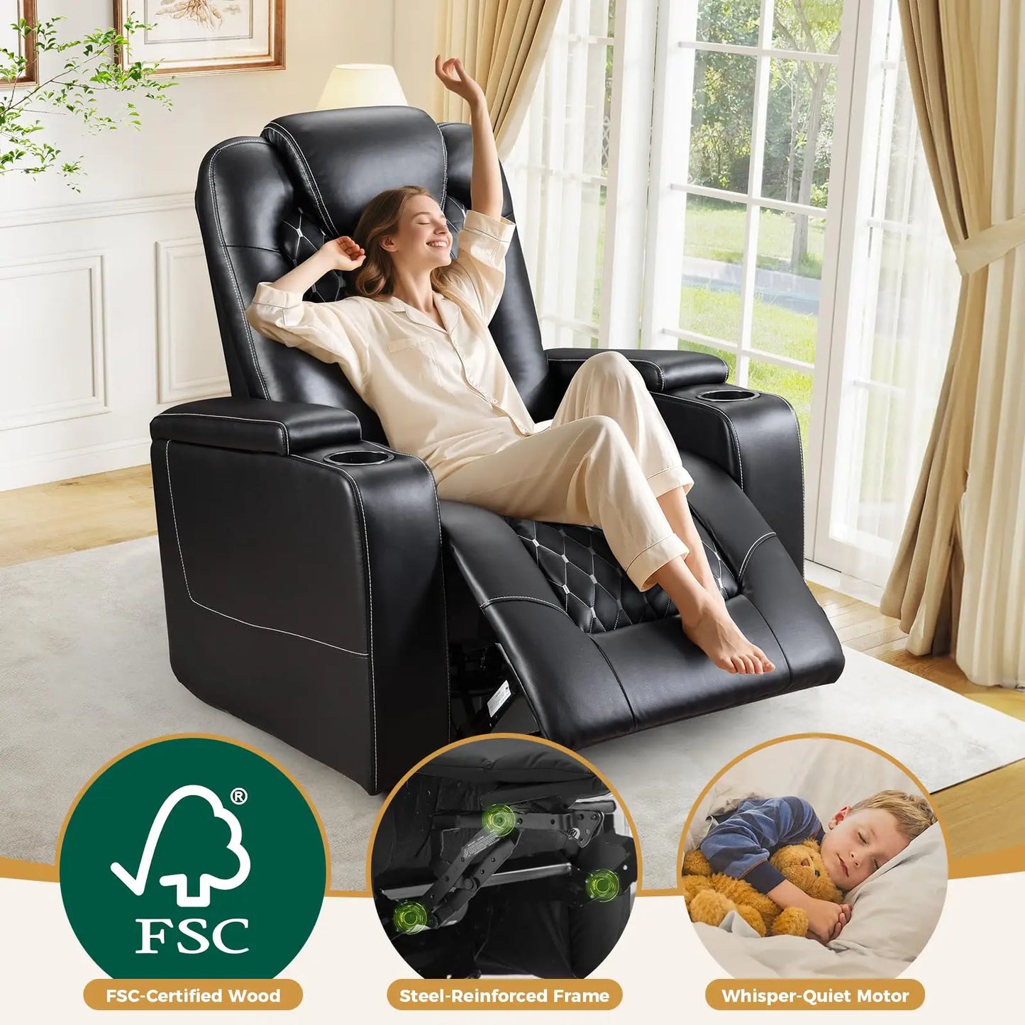 Electric Power Recliner Chair with USB Ports and Cup Holders, Breathable Leather Seating with Hidden Arm Storage