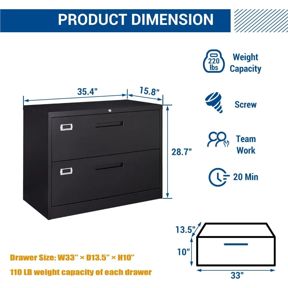 Lateral File Cabinet with Lock, 2 Drawer Large Metal Filing Cabinet, Home Office Lockable Storage Cabinet for Hanging Files Lett