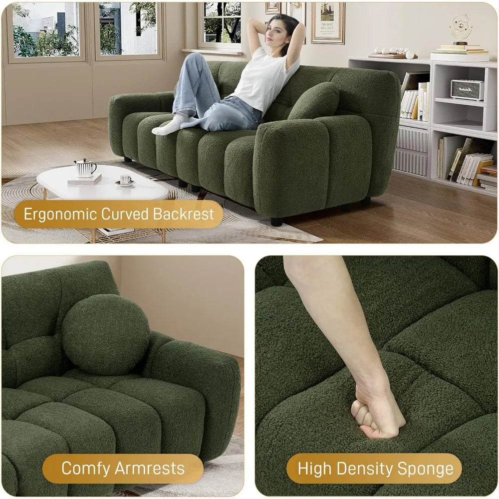 Boucle Cloud Sofa Couch, Comfy Deep Seat Sherpa Couch, 72.8" Cozy Teddy 2 Seat Marshmallow Couches with 2 Pillows,
