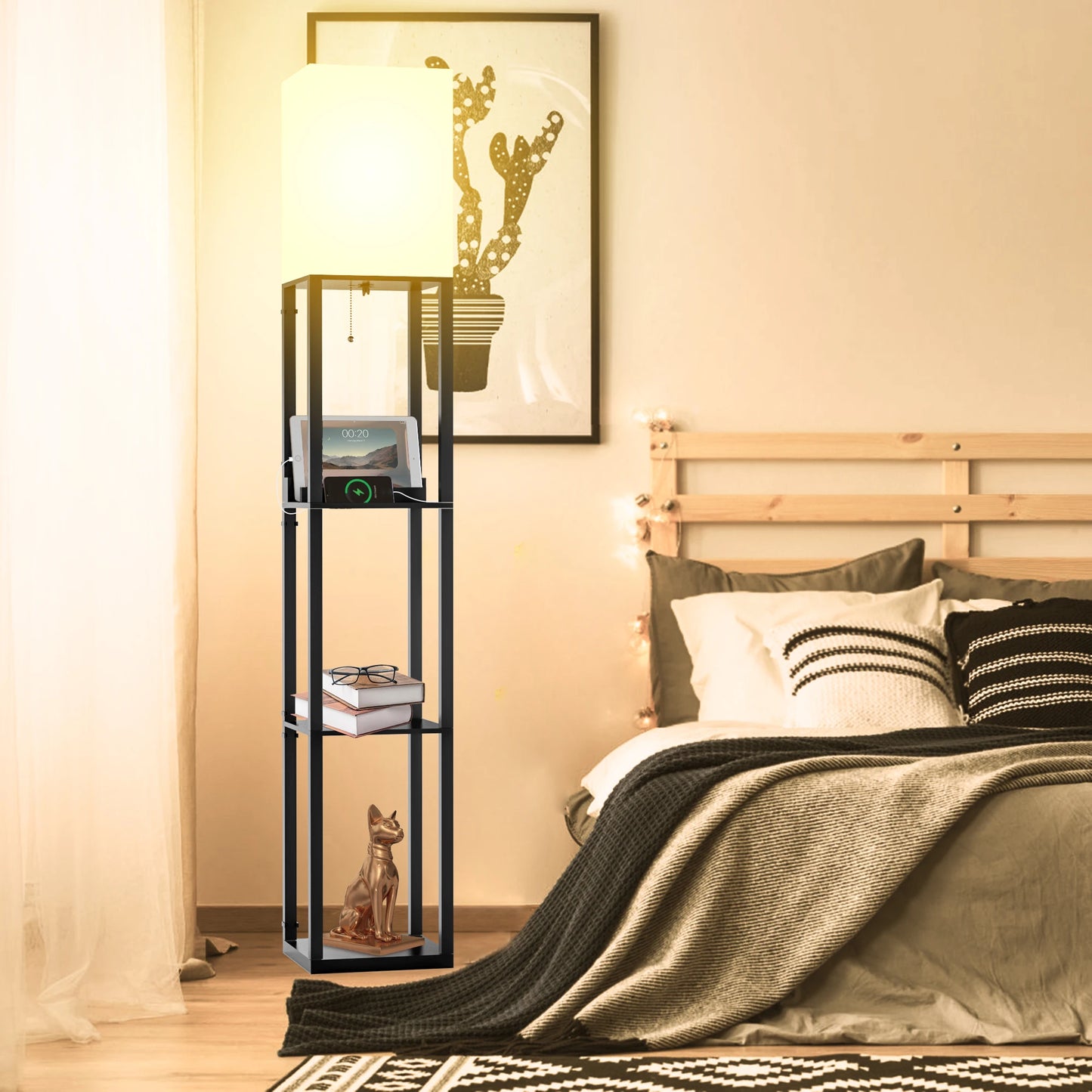 With Shelves, Solid Wood, Usb Ports And Bulb Included