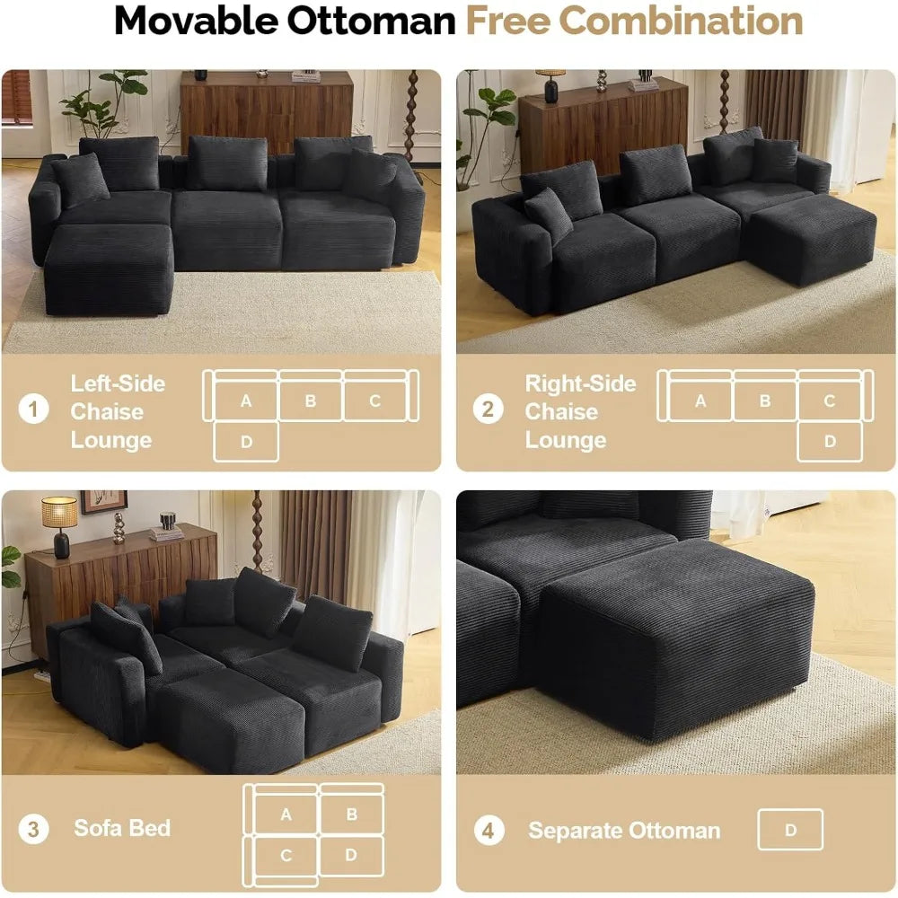 112.2“ Convertible Corduroy Cloud Sectional Couches with Movable Ottoman, L-Shaped Upholstered Sofa with Deep Seat