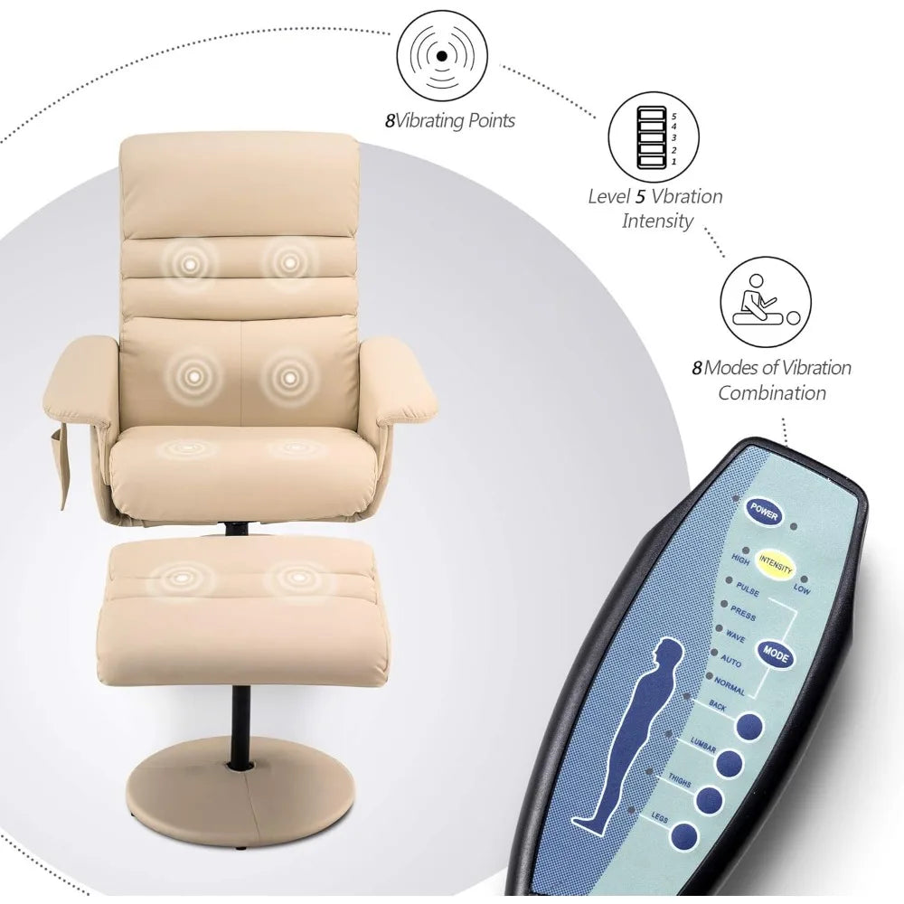 Recliner with Ottoman, Reclining Chair with Massage, 360 Swivel Chair Faux Leather 7902