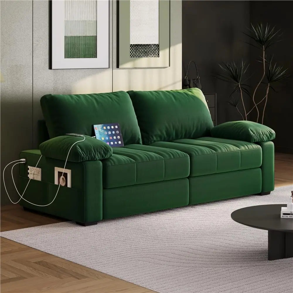 79" Velvet Couch, Comfy Sofa with Pocket Coils, Deep Seat, Storage Pockets and USB Ports, Loveseat Sofas with Removable Cover