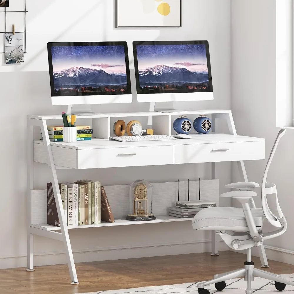 Computer Desk with Storage Shelf & Drawers, Modern 47 inch Office Writing Desk Study Table with Monitor Stand Riser for Home Of